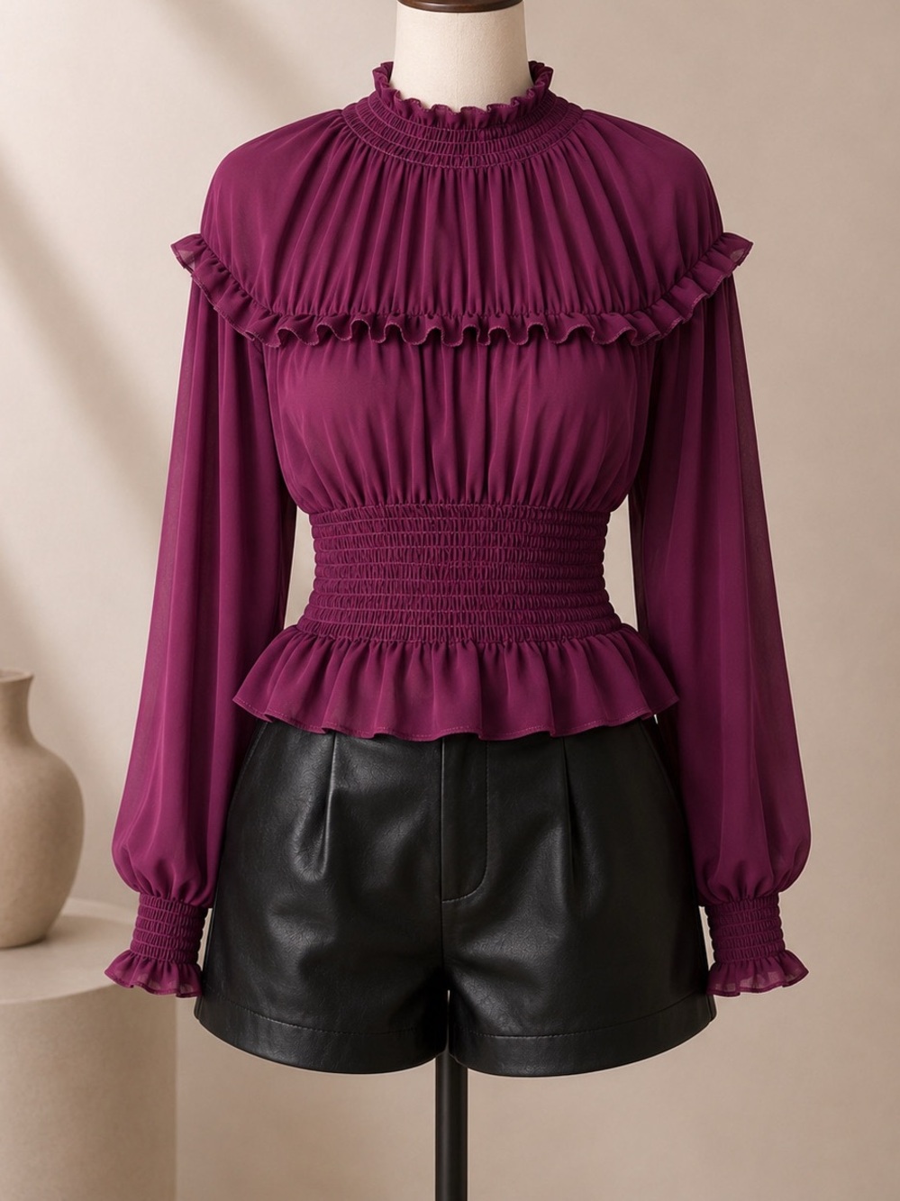 Smocked Peplum Ruffle Long-Sleeve Top - Plum